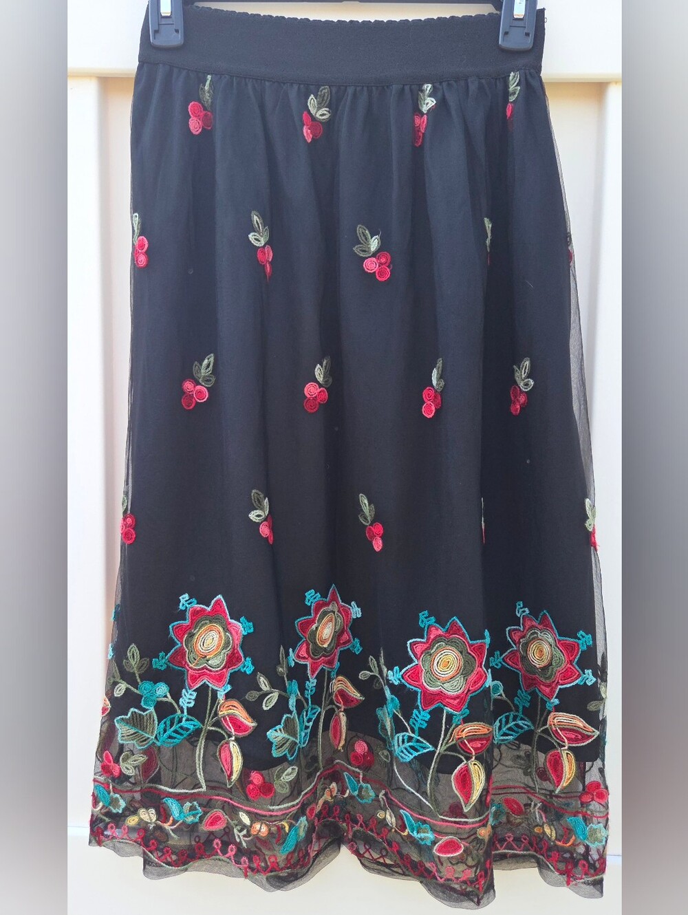 Magic Black Midi Skirt with Red Cherry and Multicolor Floral Embroidery